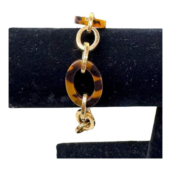 Vintage Tortoise shell Lucite Gold Chain Bracelet Designer Statement Piece 6" - Picture 2 of 8